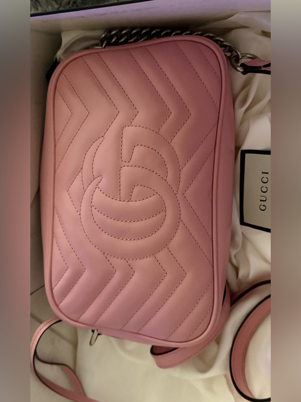 BRAND NEW worn once - Gucci Pink GG Marmont Chevron Leather Camera Bag - Picture 9 of 14